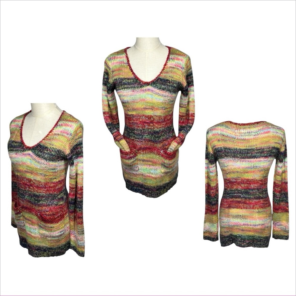 Vtg Y2K Rainbow Striped Tunic Sweater Sz S V Neck‎ Hippie Indie Boho